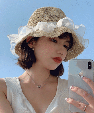 [여름세일/당일출고] 시스루 레이스 밀짚 벙거지 모자 2color